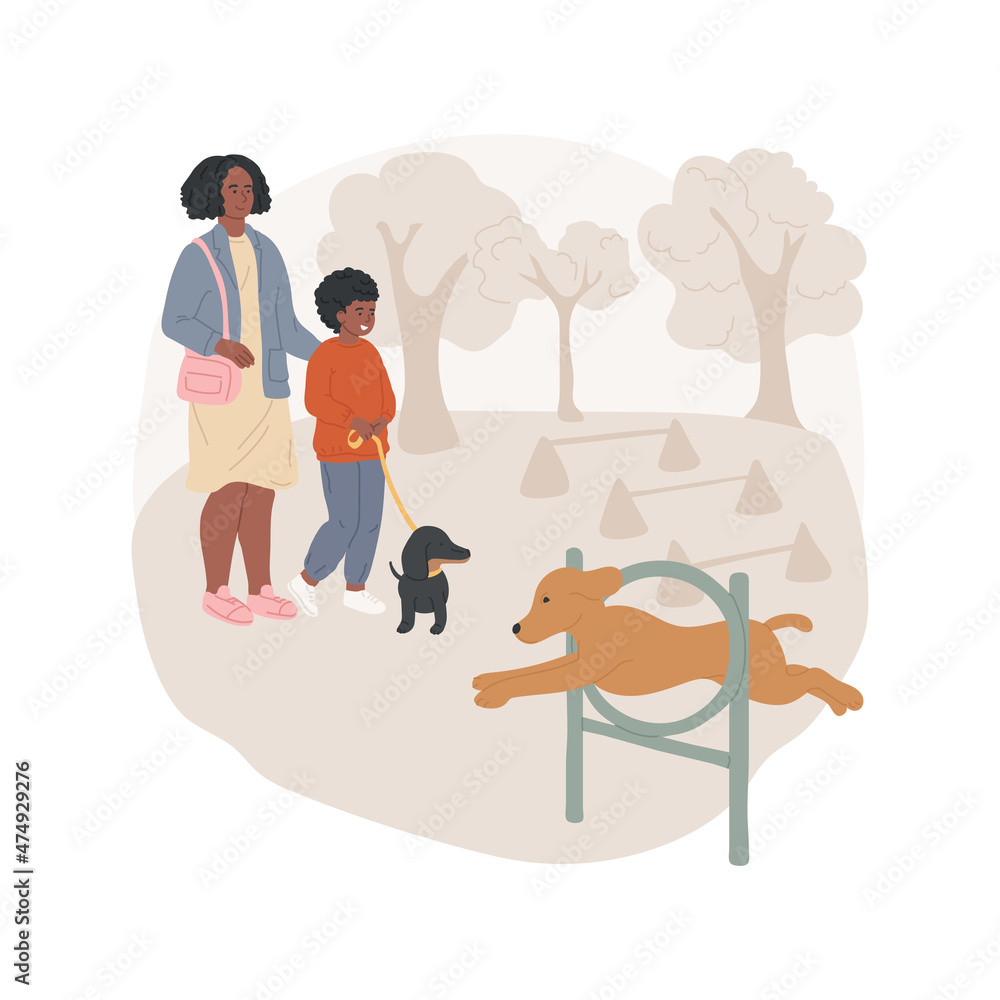 Dog park isolated cartoon vector illustration. Family with pet in a park, happy dogs play together, agility training equipment, animal playground, child leads a puppy on a leash cartoon vector.