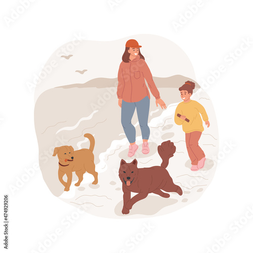 Happy dogs isolated cartoon vector illustration. Dogs running free on a seashore, playing off-leash together at the beach, pets recreation, facility, happy family, weekend cartoon vector.