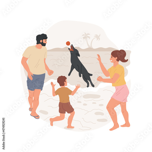 Dog fun isolated cartoon vector illustration. Family playing with pet at seaside, dog jumping in waves with a toy ball, splashing and having fun, walk at the beach, leisure time cartoon vector.