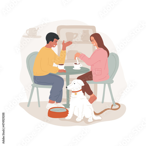 Pet-friendly cafe isolated cartoon vector illustration. Pet-friendly environment, family sitting at the table drinking coffee, dog with a bowl of water, urban cafe, leisure time cartoon vector.