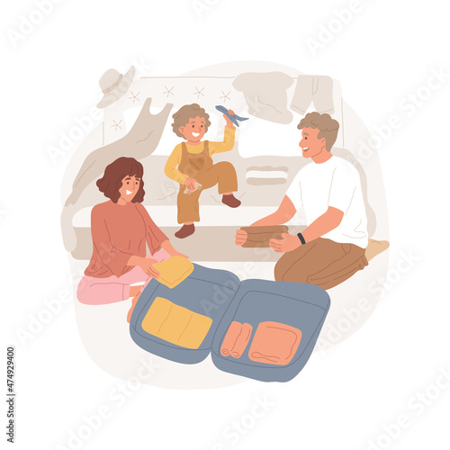 Hotel room isolated cartoon vector illustration. Family travel, parents unpacking luggage, children playing in a hotel room, clothes on a big bed, arrival to a holiday resort cartoon vector.