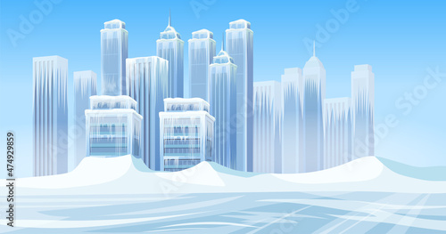 Ice age in modern city. Poster skyscrapers, mountains of snow and buildings. Frozen town after snowfall storm. Aftermath of natural disaster. Cartoon game vector illustration.
