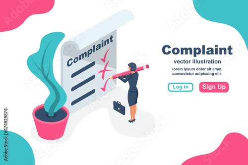 Complaint concept isometric concept. Woman wrote a complaint. Vector illustration 3d esign. Measures to solve problems. Claim petition. Sign the document on the application.