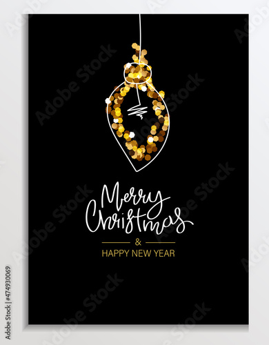 Gold Glitter card with holiday Light bulb. Lettering Merry Christmas and Happy New Year. Glittery Background, Greeting or corporate card, poster, holiday cover. Glittering vector illustration.