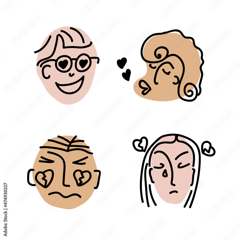 Doodle People in Love. Faces with emotions of love, flirting, anger, sadness. Icons for Valentines Day. For poster, t-shirts, bags, cups and card. Hand drawn vector illustration. Doodle People in Love. Faces with emotions of love, flirting, anger, sadness. Icons for Valentines Day. For poster, t-shirts, bags, cups and card. Hand drawn vector illustration.