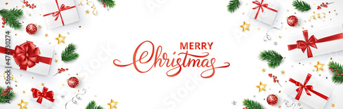 Christmas background, realistic vector. Presents with red bows on white. Handwritten calligraphy text.