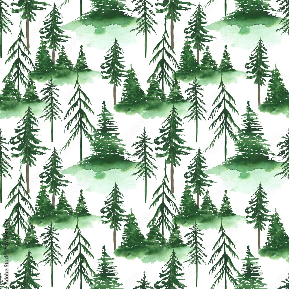 Forest seamless pattern on a white background. Pine trees endless print. Watercolor landscape wallpaper. Green trees clipart. Nature design for wrapping paper and more.