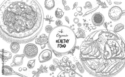 Organic healthy food frame - hand-drawn sketchy illustration. 