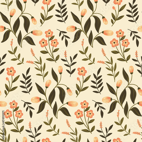 Seamless pattern with various plants  small flowers  berries  herbalists and leaves in pink colors. Cute spring floral print with gentle painted flowers and leaves on a light background. Vector design