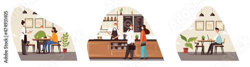 Modern cafe in quarantine time. Young people resting and working in a cafe at a safe distance. Masked in a cafeteria.