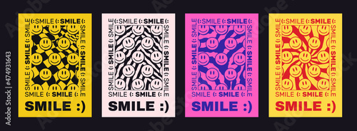 Cool Smile Hippie Poster. Placard with Happy Emoticon Face. 90s aesthetic composition. Acid Psychedelic Illustration.