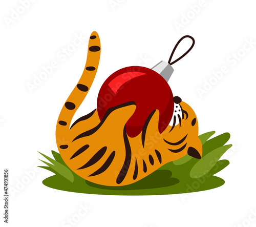 Cute cartoon tiger, playing with red christmas ball toy. Wild striped cat. Cute character for greeting card, postcard, print, poster, calendar. Vector flat illustration.