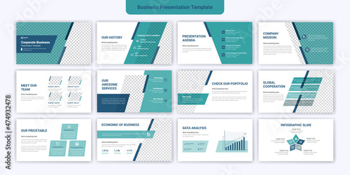 Corporate business powerpoint presentation slides template design. Use for modern keynote presentation background, brochure design, landing page, annual report, company profile. 