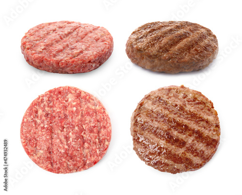 Raw and grilled hamburger patties on white background, collage