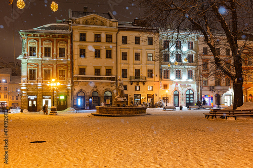 Market square in Lviv in winter at night