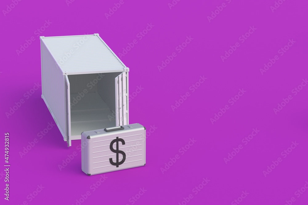 Suitcase with symbol of dollar near freight container. Large international investment concept. Transportation of financial aid, credit. Global financial system. Profit from import, export. 3d render Suitcase with symbol of dollar near freight container. Large international investment concept. Transportation of financial aid, credit. Global financial system. Profit from import, export. 3d render