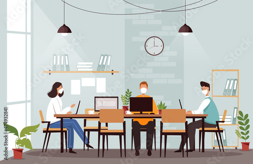 People in masks working in office. Workplace in coronavirus pandemic vector illustration.