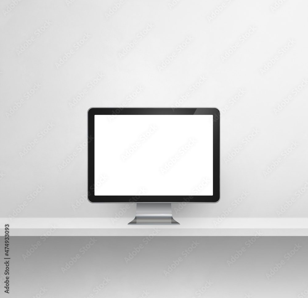 Computer pc on white concrete shelf background Computer pc on white concrete shelf background