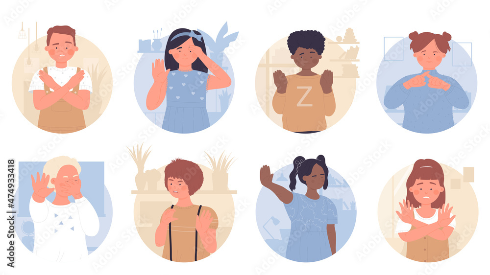 Kids with stop warning gesture in round avatar set vector illustration. Cartoon cute serious boys and girls showing negative denial expression, problem in communication. Dislike, rejection concept