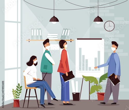 People in masks working in office. Workplace in coronavirus pandemic vector illustration.