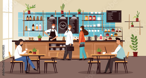 Modern cafe in quarantine time. Young people resting and working in a cafe at a safe distance. Masked in a cafeteria.