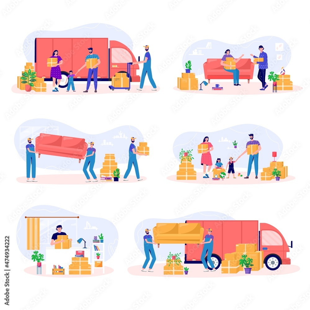 Family with kids moves new home, house. People moving and collect supplies in boxes. Man and woman cartoon characters packing belongings. Young couple unpacking concept, delivery, relocation, move box