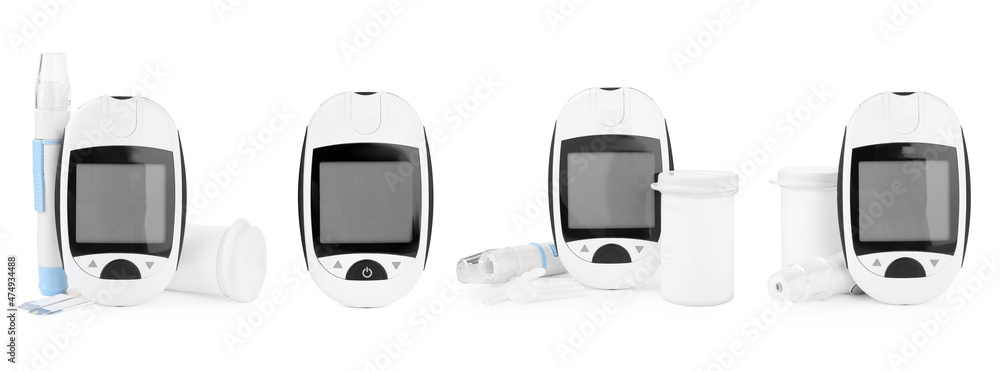 Set with digital glucometers, lancet pens and test strips on white background, banner design. Diabetes control Set with digital glucometers, lancet pens and test strips on white background, banner design. Diabetes control