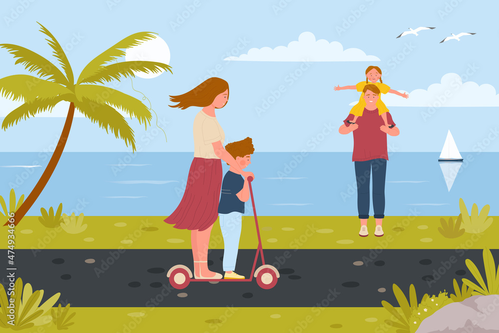 Happy family time vector illustration. Cartoon mother, father and children walking in beach landscape, mom and daughter ride kick scooter, dad holding son on shoulders. Leisure, lifestyle concept