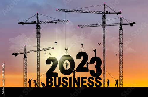 Business in the New Year 2023. Business finance background. 2023 construction site crane building a business text idea concept. Vector black silhouette illustration design.