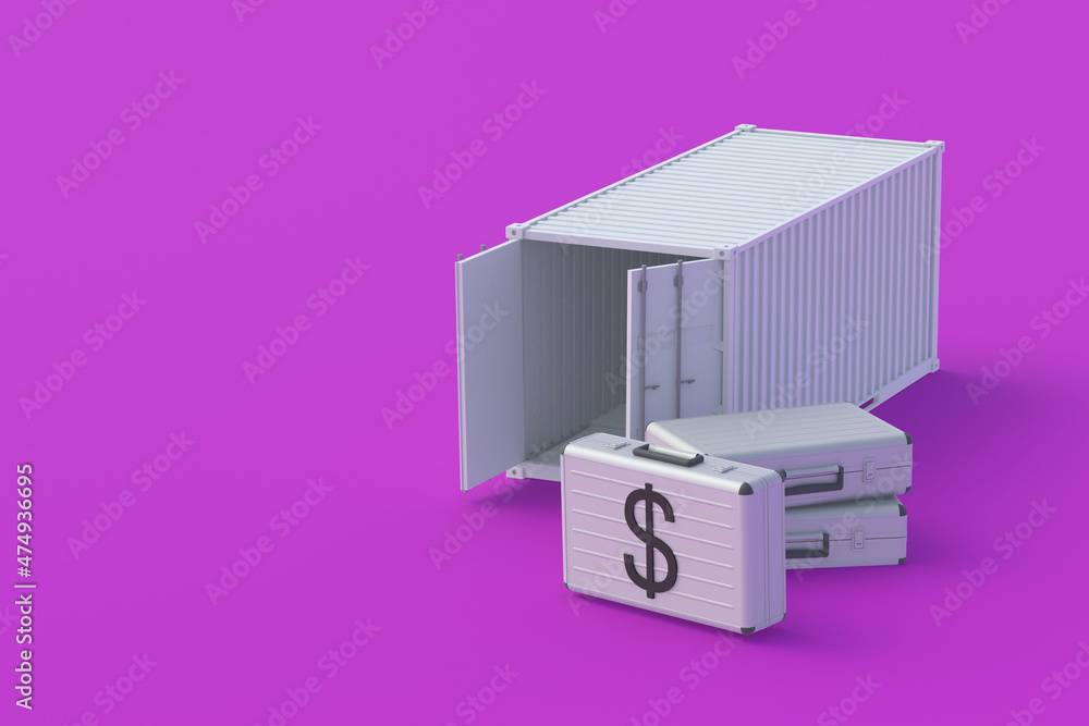Suitcase with symbol of dollar near freight container. Large international investment concept. Transportation of financial aid, credit. Global financial system. Profit from import, export. 3d render Suitcase with symbol of dollar near freight container. Large international investment concept. Transportation of financial aid, credit. Global financial system. Profit from import, export. 3d render