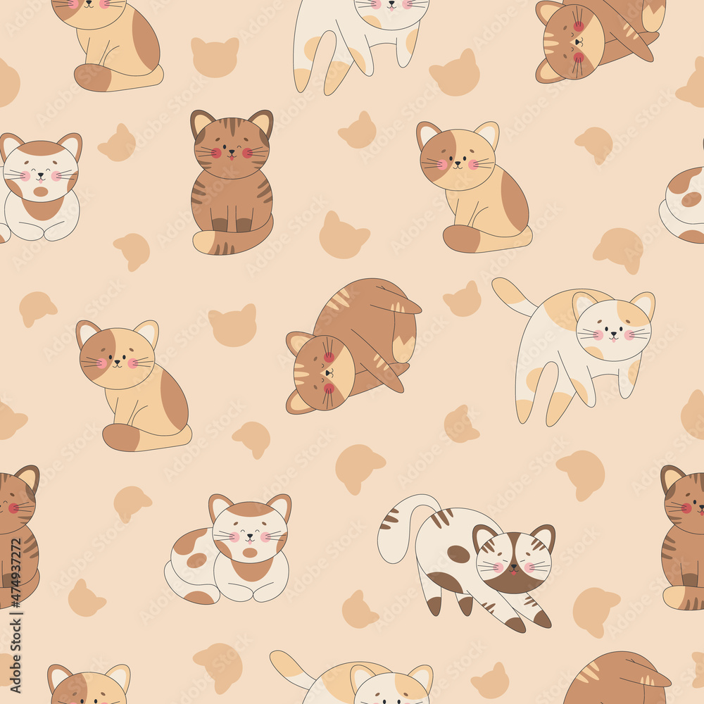 Seamless pattern of cute cats in kawaii style with outline. Cartoon kitten in different poses. Flat vector Seamless pattern of cute cats in kawaii style with outline. Cartoon kitten in different poses. Flat vector
