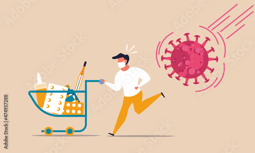 Buy from store panic curfew fear lockdown. Crisis shop health food coronavirus pandemic supplies. People on market quarantine with trolley. Vector illustration corona epidemic disease human shock