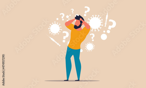 Man stress from covid corona disease contamination health. Paranoid to coronavirus patient solitude virus. Panic and nervous people lockdown. Vector cartoon illustration medical safety fear risk
