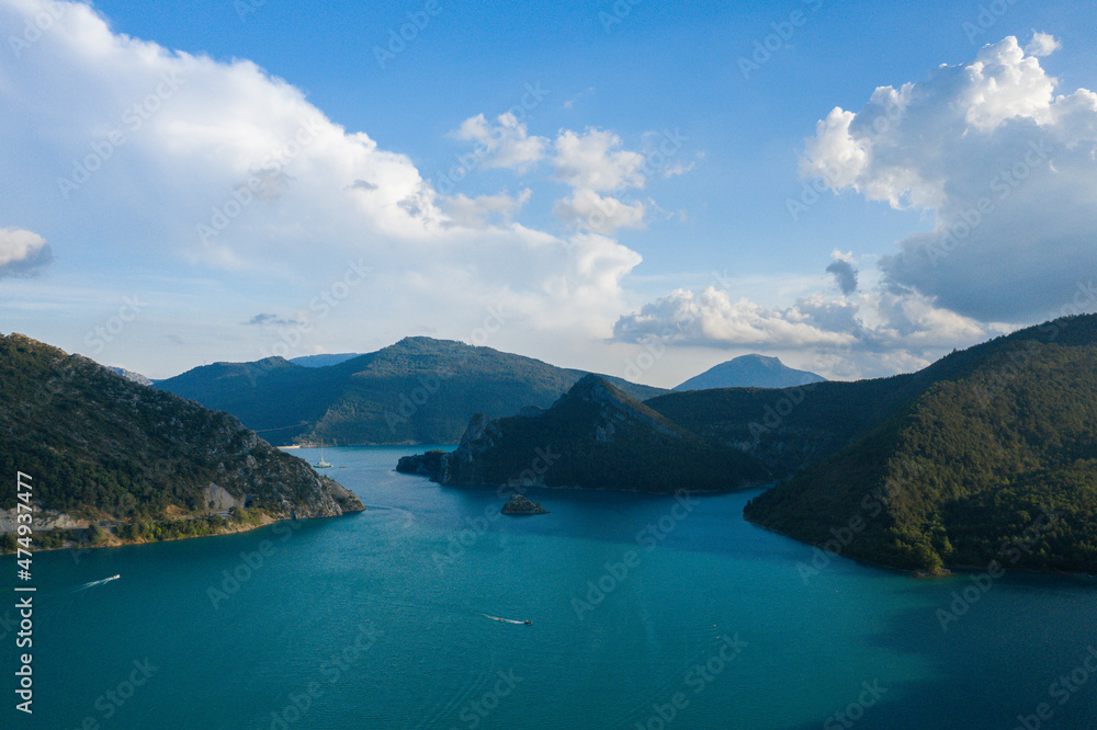 The panoramic view of Lac de Castillon in Europe, France, Provence Alpes Cote dAzur, Var, in summer, on a sunny day.