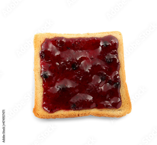Toast with tasty blueberry jam on white background, top view