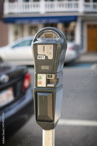 Close-up shot of some park meters. 