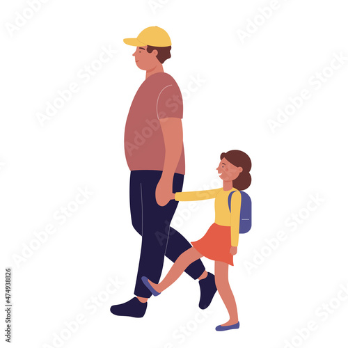 Father walking with his daughter holding hands. Family spending outdoor good time together cartoon vector illustration