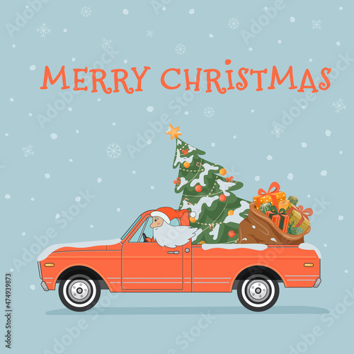 Holiday card. Santa Claus drive red old vintage pickup truck with snow crowded decorated Christmas tree and present bag. Vector flat illustration