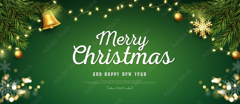 Realistic christmas and new year banner with branches on green