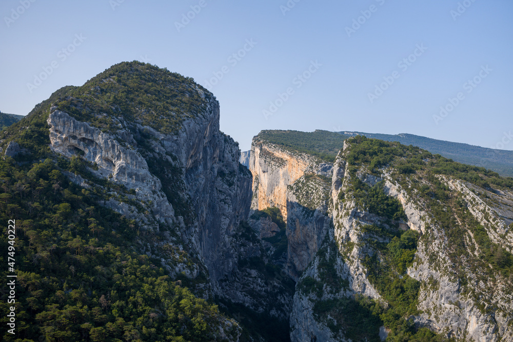 The Gorges du Verdon surrounded by mountains and forests in Europe, France, Provence Alpes Cote dAzur, Var, in summer on a sunny day.