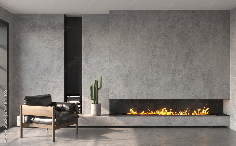 Minimalist living room interior with modern fireplace and concrete