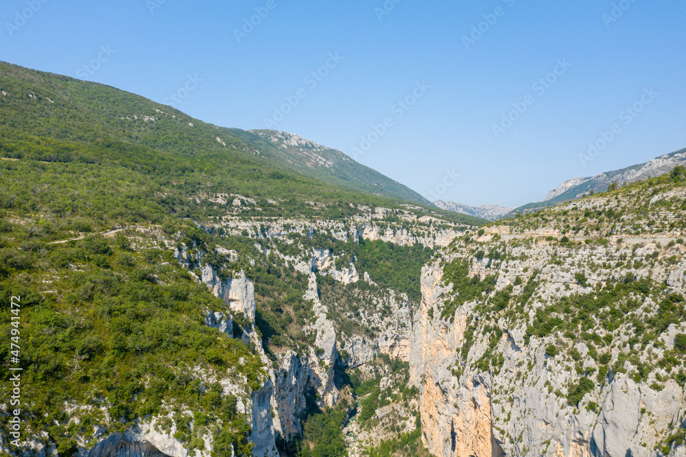 The panoramic view of the Gorges du Verdon in the middle of the immense forests in Europe, in France, Provence Alpes Cote dAzur, in the Var, in the summer, on a sunny day.