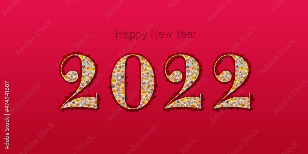 Bonne année 2022 - Lettres remplies de fleurs multicolores, entourées de fleurs détourées sur fond rouge