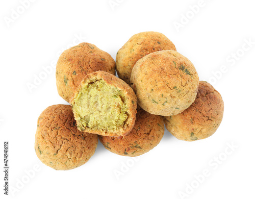 Pile of delicious falafel balls on white background, top view