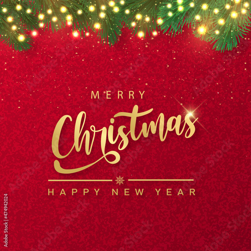 Happy New Year and Merry Christmas card with pine tree frame and hand written text on red background. Vector.