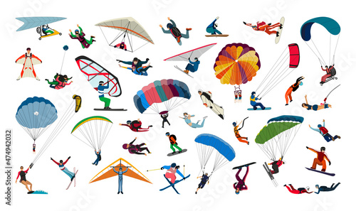 Collection of types of air sports. Characters in the air and on parachutes. photo