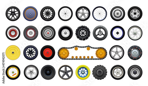 Collection of detailed realistic wheels of various vehicles.