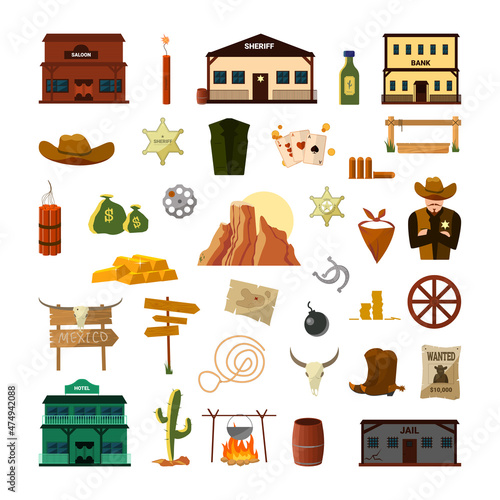 Wild west attributes. American western colorful illustration.