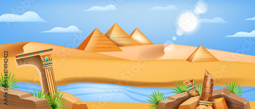 Egypt landscape, vector nature cartoon desert game background, pharaoh pyramid view, sand dune. Africa panorama, Nile river bank, ancient stone column ruin, Arab exotic scene. Egypt hot landscape