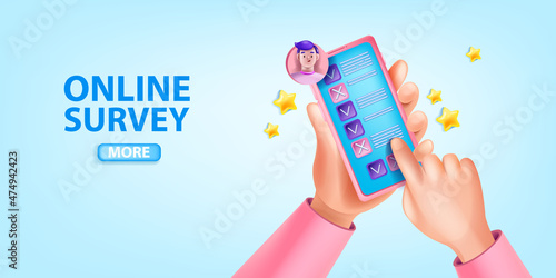 3D online survey banner, vector customer feedback checklist background, hands holding smartphone. Digital questionnaire review, choosing option, marketing research. 3D internet survey illustration